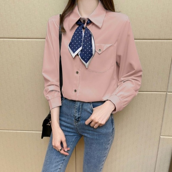 Tops - Long-Sleeve Plain Chiffon Blouse